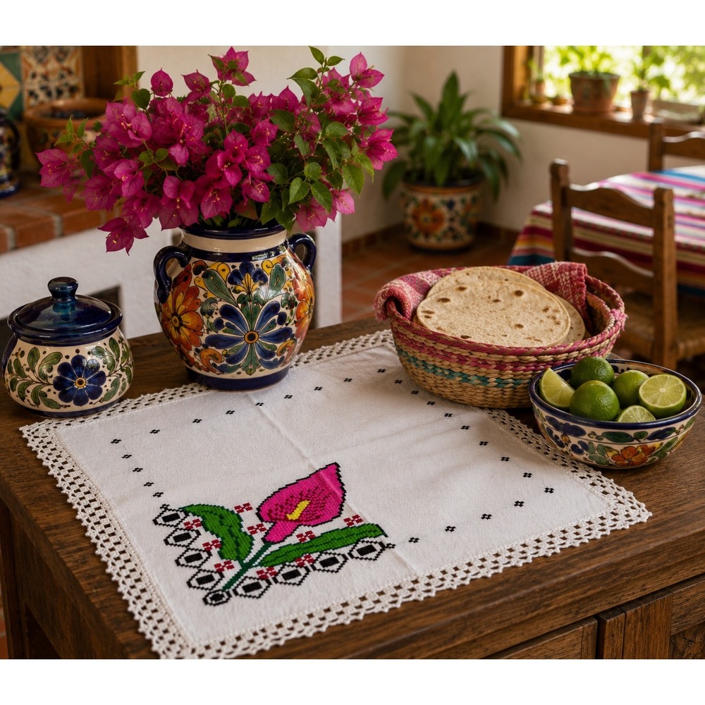 Handmade Mexican Embroidered Calla Lily Table Topper Crochet Lace Folk Art 22x21